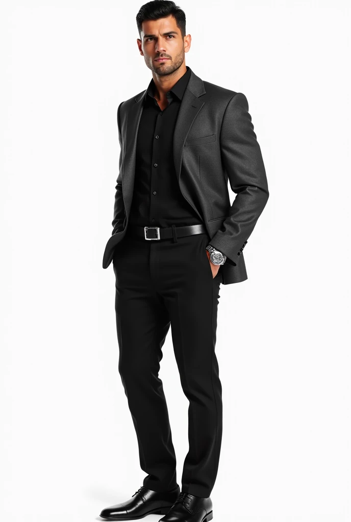 tall man, athletic build, tanned skin, short black hair, sharp jawline, dark brown eyes, slight stubble, wearing a dark gray suit jacket, black dress shirt, no tie, fitted black trousers, polished black leather shoes, silver wristwatch, confident stance, hands in pockets, serious expression, looking directly at the camera, ccurate, no background, black and white, only outlines, pov, atmospheric perspective, 8k, super detail, best quality