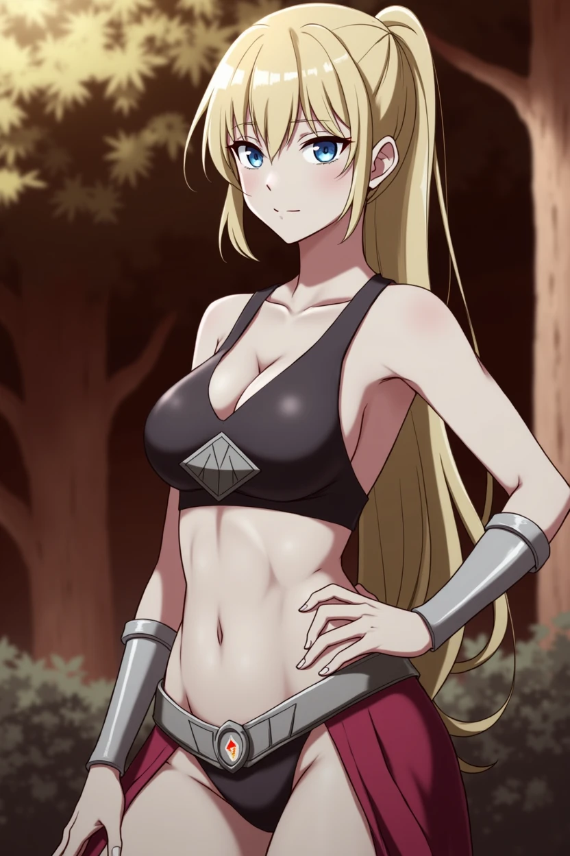 a sexy woman is posing naked in the forest wearing clothing meant for a warrior, 1girl, anime screencap, breasts, nipples, solo, nature, forest, medium breasts, blonde hair, blue eyes, fitted body, detailed eyes, sharp focus, high resolution, detailed textures, Masterpiece,