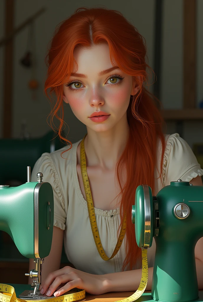 An image of a red-haired woman with white but not so fair skin sitting, with brown eyes, next to green sewing machines with a tape measure hanging around his neck but 1