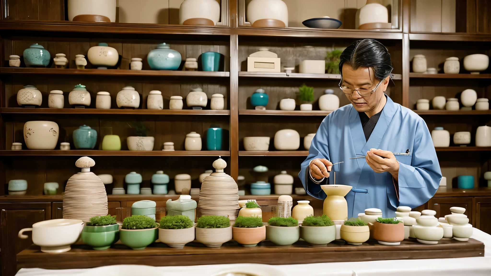 An ancient Chinese doctor in his office, [preparing a mixture of medicinal herbs]. The scenario must include (((shelves full of ceramic pots, an acupuncture table))), and a (((patient receiving treatment))). 