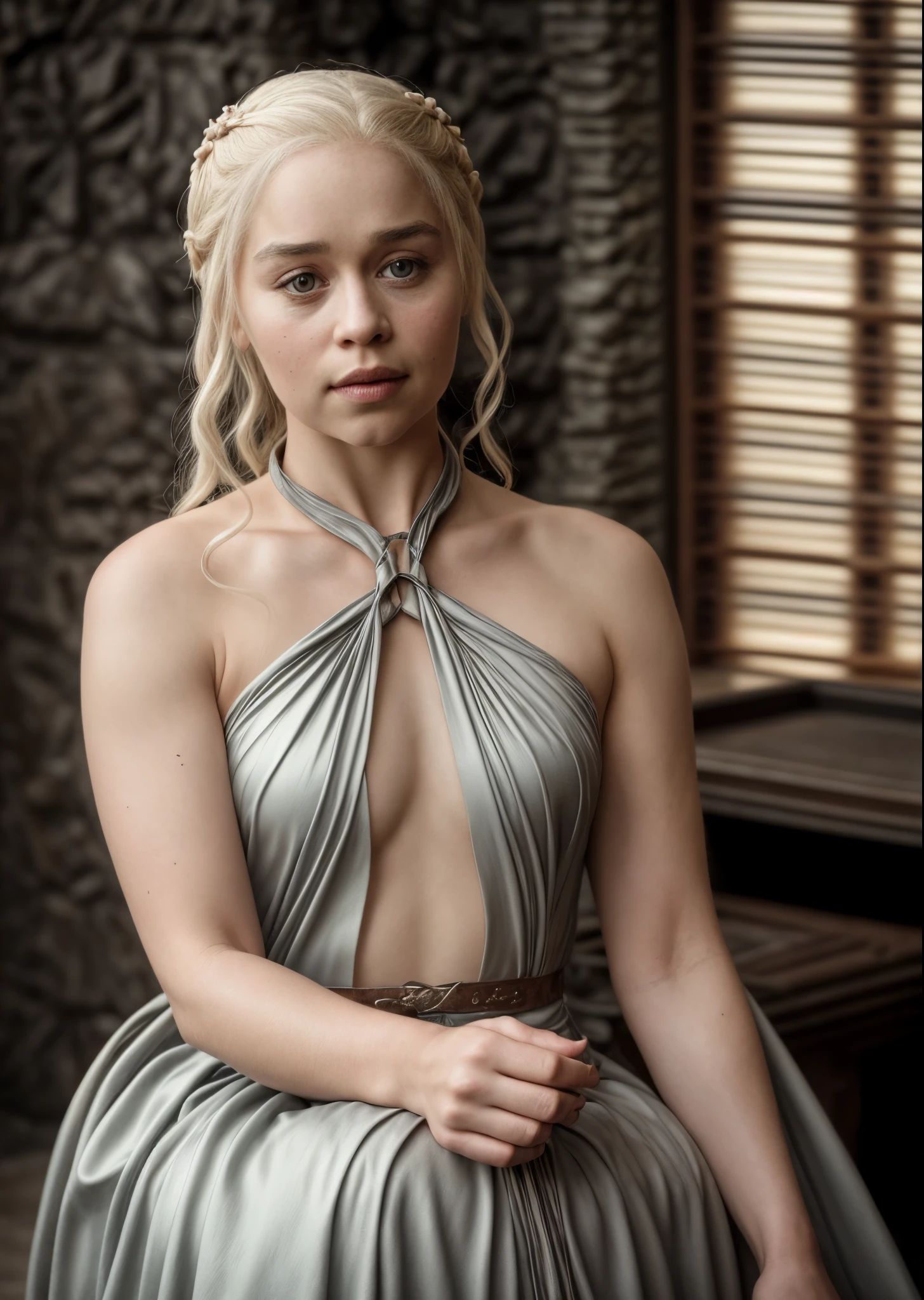 masterpiece, stunning portrait photo of khls woman, sleeveless, erotic costumes, sensual satin dress, game of thrones inspired costumes, 
  