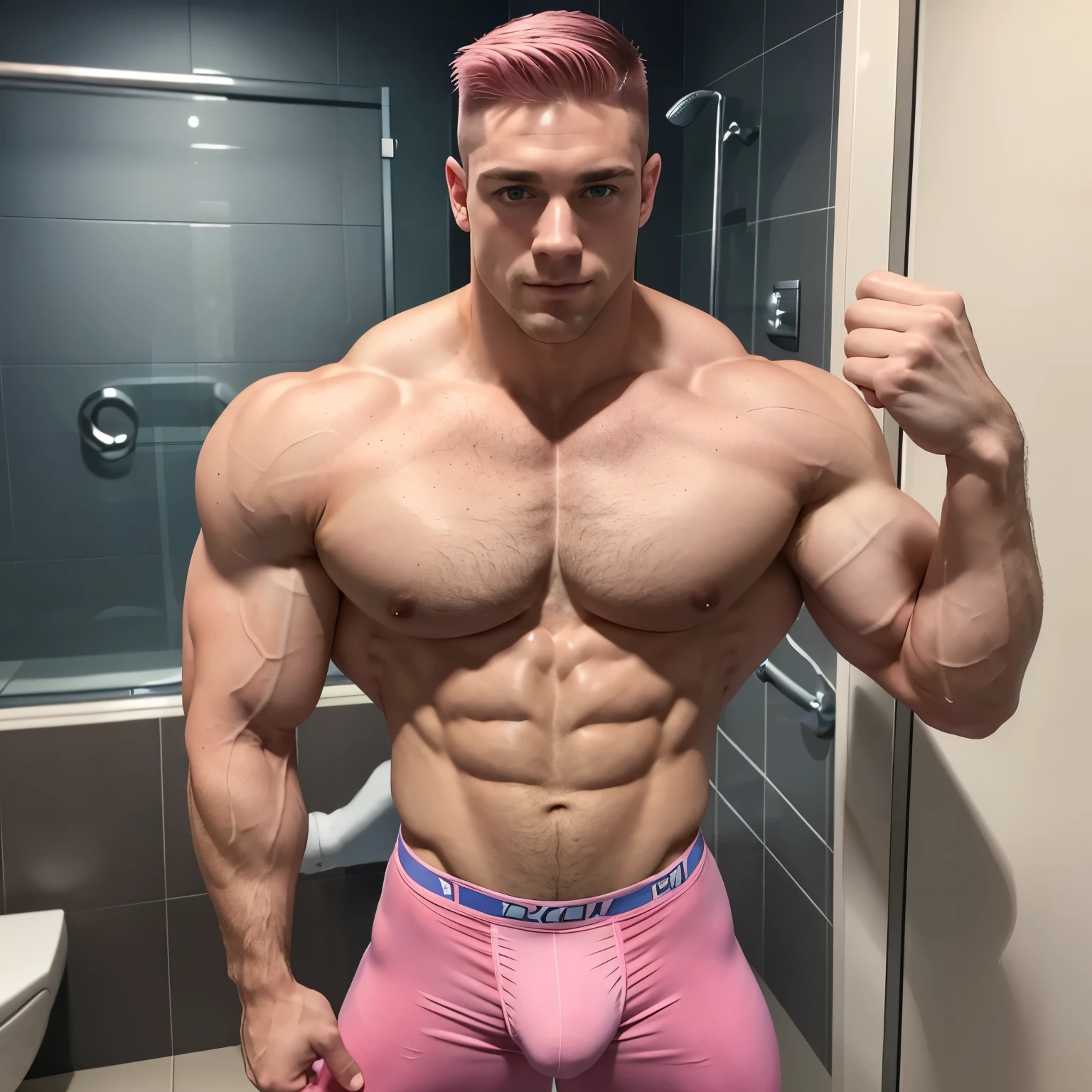 full view full body, one tall musclebound white european red-haired bodybuilder gay effeminate boy with clean shaved undercut haircut. Huge over-sized biceps. Standing in a bathroom in front of the shower. Handsome. Massive muscles. Arm lifted to show peaked over-exagerated bulbous flexed over-inflated triple-biceps and enormous over-bloated shoulders and pecs. Looking happy Admiring himself. Shirtless waering only tiny lycra light-pink briefs, showing off a huge manhood bulge through the pink lycra, and pink socks, he's pulling up his pink socks