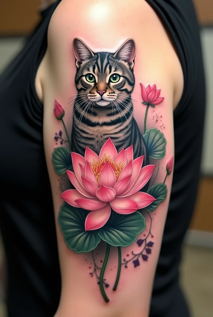 Tattoo of a lotus flower with a striped grey cat
