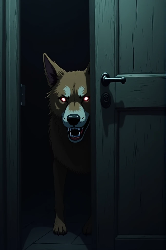 Create an image, of an animatronic in the form of an anthropomorphic dog spying behind the slightly open door. the image must be dark, frightening and causing discomfort. In the image, only the animatronic's eyes can be seen shining in the darkness and his macabre smile.. She must be an anime image. This animatronic must have a robotic appearance.. The dog must be brown.