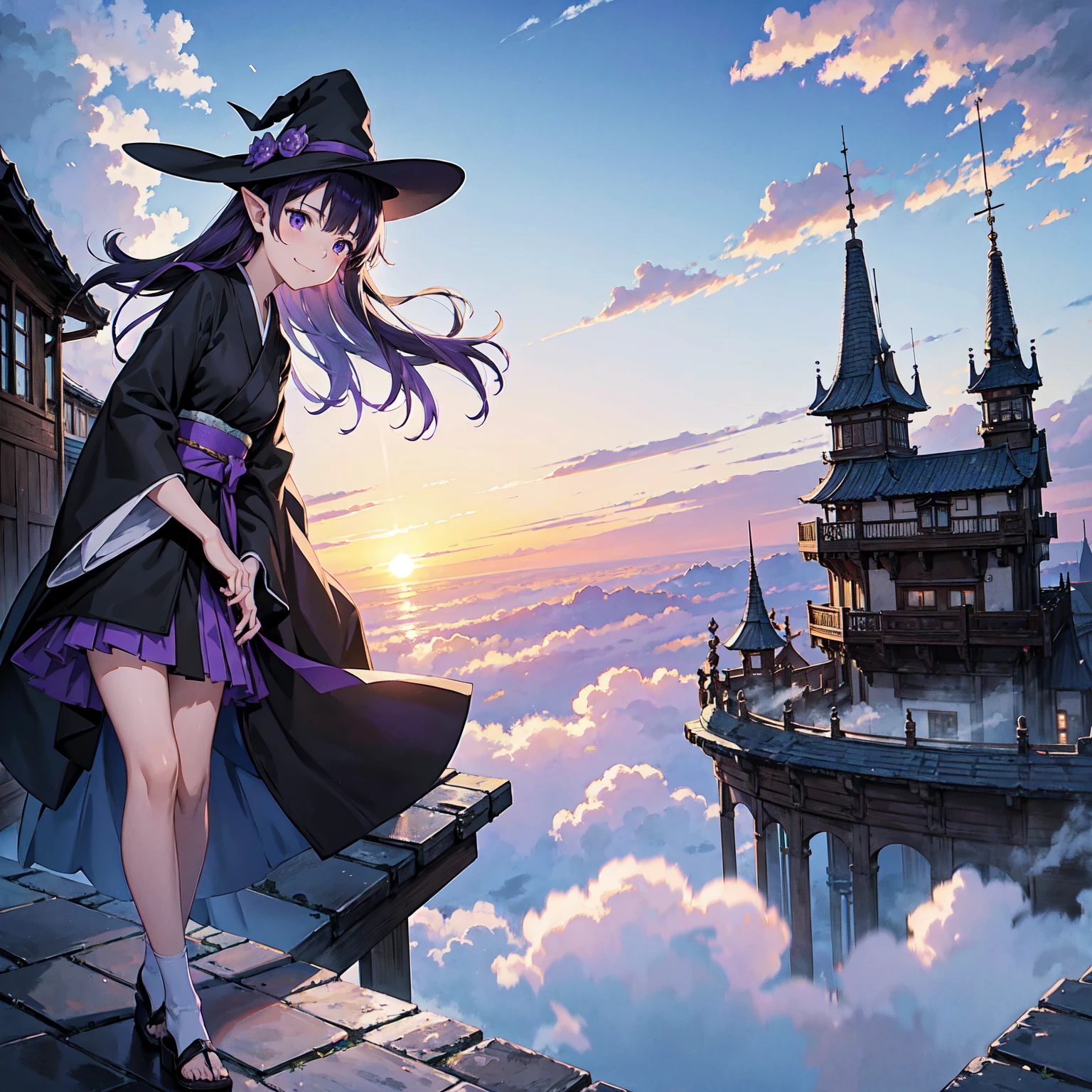 A girl with long violet-purple hair. A gentle, full smile. Pointy elf ears. Her clothes are simple: a black robe with wide sleeves and a black miniskirt. Her knees are showing. The front has a V-shaped white insert like a kimono. A witch's hat with purple ribbons on either side. Gentle face. Background, bright painting, Makoto Shinkai, floating long stairs, floating stairs in the air, stairs above clouds, illustration, nostalgic, vivid, above clouds, bright, fresh, endless stairs only, sunset.