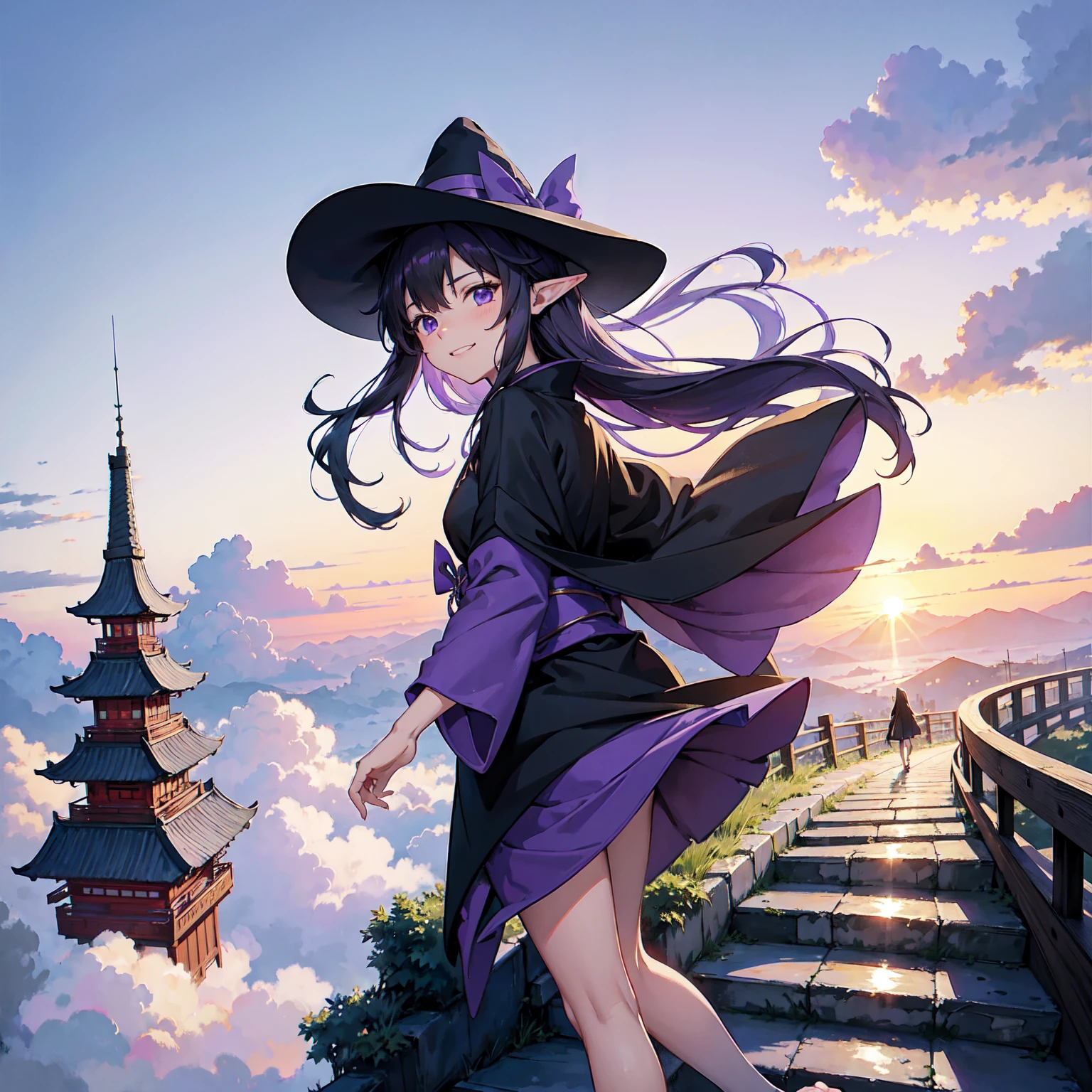 A girl with long violet-purple hair. A gentle, full smile. Pointy elf ears. Her clothes are simple: a black robe with wide sleeves and a black miniskirt. Her knees are showing. The front has a V-shaped white insert like a kimono. A witch's hat with purple ribbons on either side. Gentle face. Background, bright painting, Makoto Shinkai, floating long stairs, floating stairs in the air, stairs above clouds, illustration, nostalgic, vivid, above clouds, bright, fresh, endless stairs only, sunset.