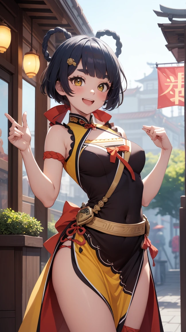 masterpiece, top quality, high detailed, detailed face, bright Eyes, outdoor, blurred background, dynamic poses, dynamic angle, (from the front),standing, (small breasts),(pokies),(see through dress),(Looking forward:1.5), xianglingdef,joyful, laughing, hot and spicy, happy, in a old traditional Chinese restaurant