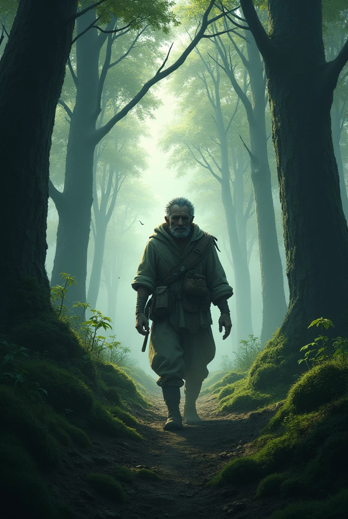 Un villageois se promenant seul dans la forêt, jetant des regards nerveux autour de lui, avec l'impression d'être observé.