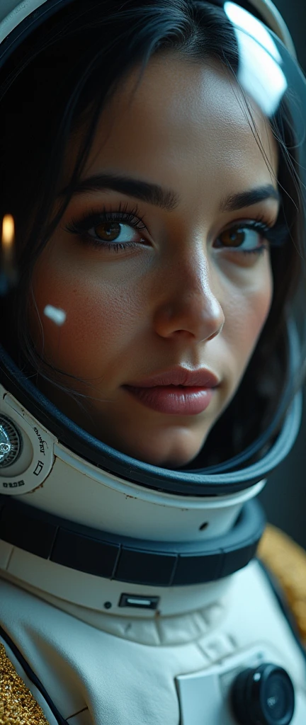 beautiful detailed eyes, beautiful detailed lips, extremely detailed eyes and face, long eyelashes, 1 woman, Arabian Moroccan woman, height 170 cm, weight 70 kg, medium body size, standing, NASA space suit, photorealistic, in other planet, advanced technology, futuristic environment, dramatic lighting, vivid colors, cinematic composition, intricate details, masterpiece, dark, full body view