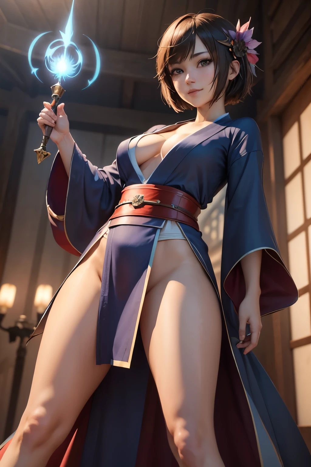 The world of FINAL FANTASY The image of FINAL FANTASY A woman with short brown bob hair Sexy kimono Blue hakama Hair ornament Kawaii Beautiful woman Perfect style Digital art Digital anime art style Realistic anime 2.5D, wonderful world, accurate expression, pose with magic wand thrust forward, recreate, anime style, natural anime face, idol face, soft expression, smiling, healing, character, well-proportioned face, well-proportioned figure, wizard, healing magic, fighting woman, supermodel, beautiful face, natural anime face, full body figure, fight, fighting with wand, standing pose, long shot, looking at the viewer, eyes on the viewer, fantasy digital art, beautiful, aesthetic, soft focus, pose accurately, sure, correct figure, well-proportioned face, nice body