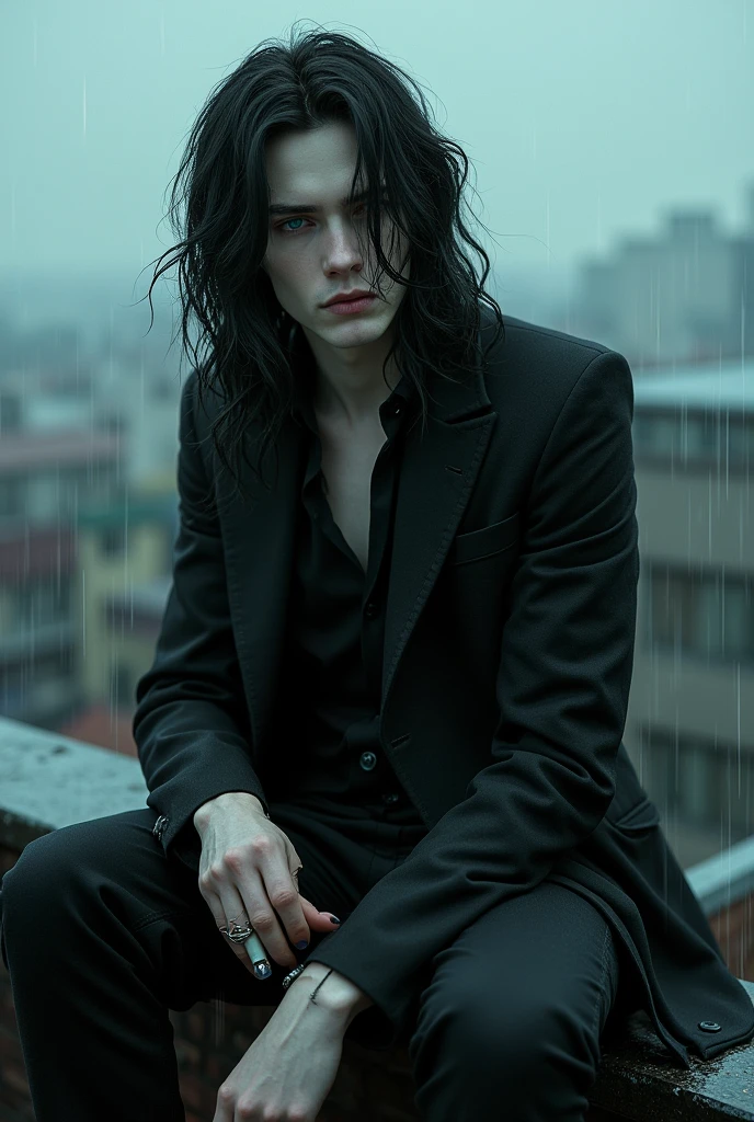 A sexy male with teal blue eyes and long black hair, with a nice and delicate face, dressed in gothic clothes, his skin is pale and snow white, he's smoking while sitting on the edge of the rooftop. It's raining. He looks all gloomy and seductive.