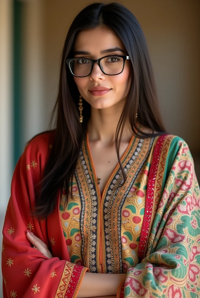 a Pakistani woman wearing local dress and glasses having straight hair and full body image 