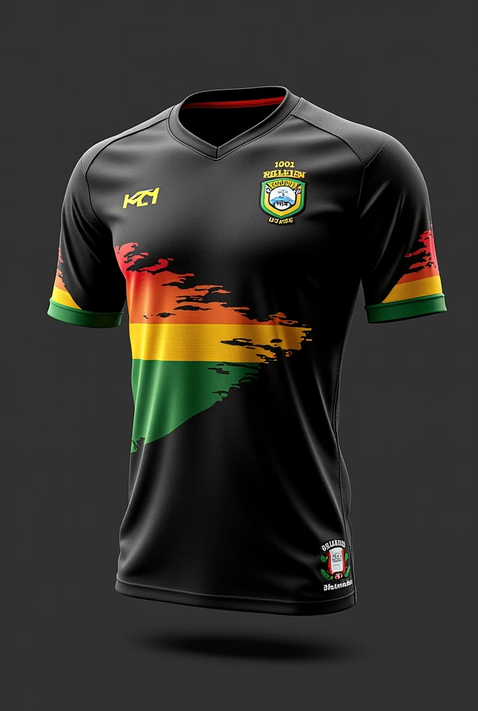 An all-black team shirt with the Maranhão flag on the chest of the shirt, a beach badge on the bottom side of the blouse and on the sleeve details of the reggae flag.