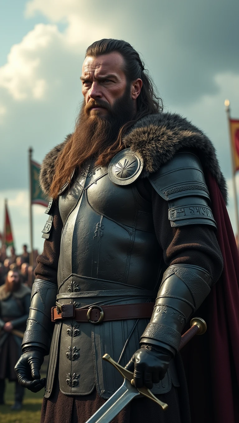 imagem ultra-realista de Ragnar Lothbrok, The legendary Norse warrior, in all its glory. He's on a battlefield, wearing detailed and intricate armor, Made of blackened metal with engraved Nordic runes. The armor shines in the sunlight, showing signs of previous battles, with small scratches and marks. A sword of Ragnar is desembainhada, with the sharp blade reflecting the surrounding environment.
Ragnar's face is a perfect representation of his courage and experience. He has a beard and long hair, all meticulously detailed, with individual visible wires. His eyes express determination and intensity, while his wrinkles tell the story of many battles won. The skin on his face shows scars from past fights, highlighting his strength and tenacity.
Ao fundo, The battlefield stretches as far as the eye can see, with Viking flags fluttering in the wind and their warriors preparing for battle. The sky is dramatic and full of clouds, creating a striking contrast with the Norse hero in the foreground.
The image is so realistic that every detail of the armor, Ragnar's hair and battlefield elements are visible in high definition, creating an epic and authentic representation of this legendary warrior.
