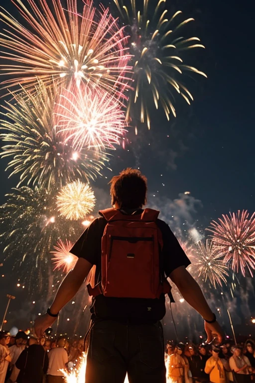 Fire Stuntman,Backpack Fireworks,Flying sparks,Japanese Shrines,A large crowd,Violently dancing sparks