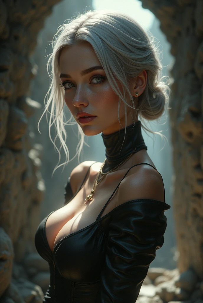 a blond goth  girl with curly hair and massive breasts, sitting, nude, highly detailed face,anime, , elegant, sensual, alluring, seductive, 