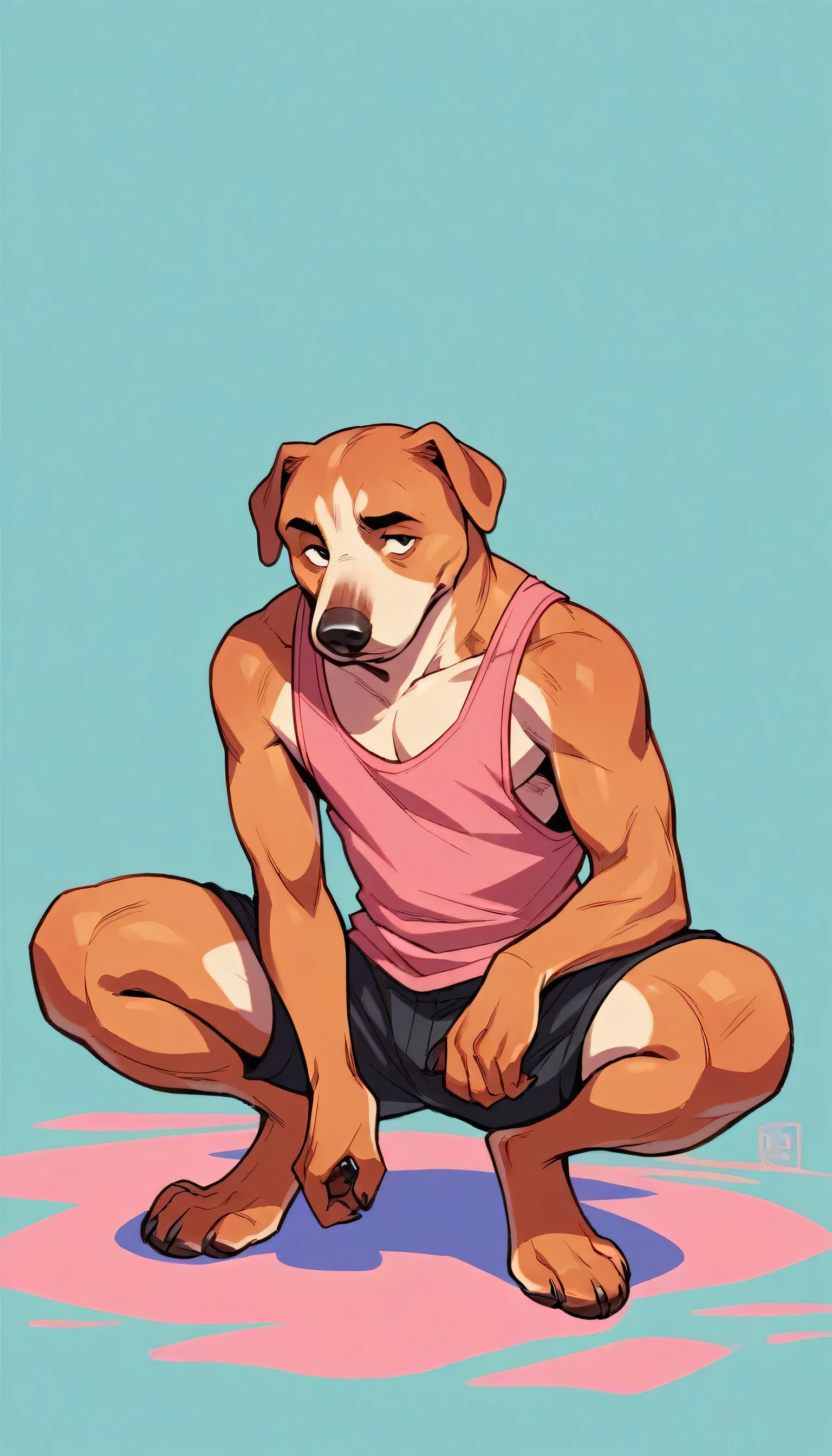 Anthropomorphic cartoon dog in the style of the 1940s, wearing black shorts, pink tank top, smelling her legs, sitting with legs open, squatting posture, blue background pink clouds, facing the viewer, body facing forward