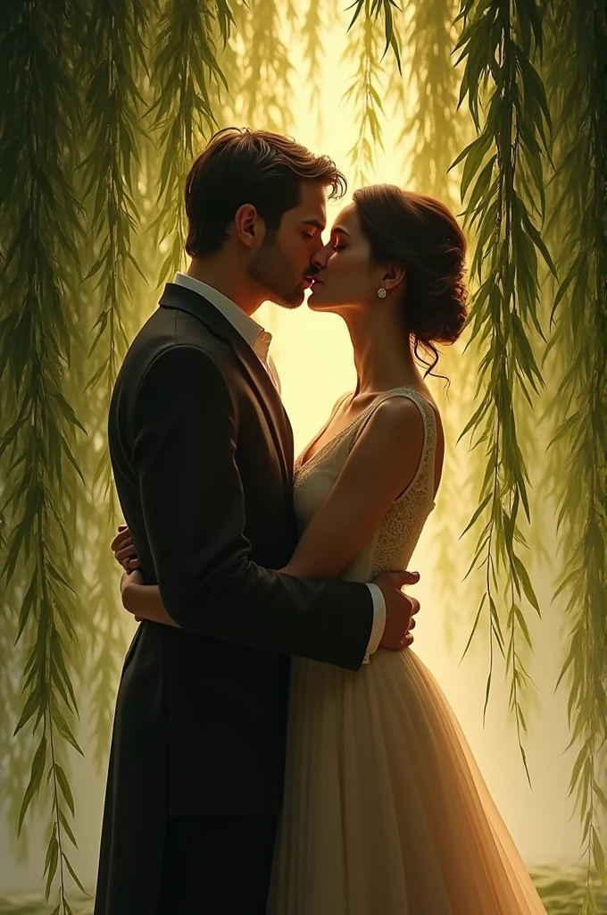 Colin Morgan and Katie McGrath sharing a kiss underneath a willow tree and hugging each other tightly 