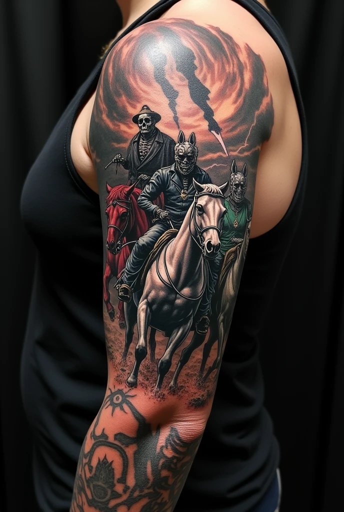 A tattoo of the four horsemen of the apocalypse riding their horses, full sleeve, dark art style
