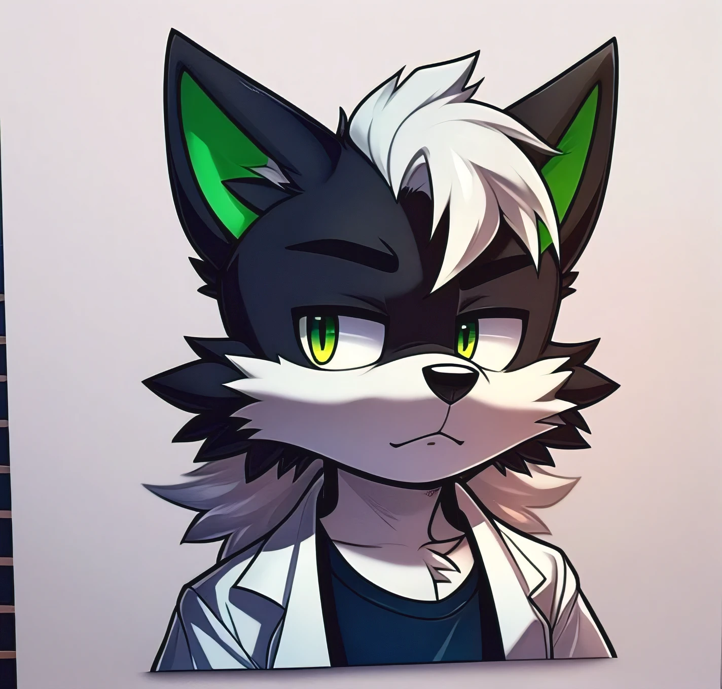 Black furry wolf with green ears and white hair between its ears. His eyebrows are circles and lines under his eyes.. Wearing white leather clothes white background fit shape