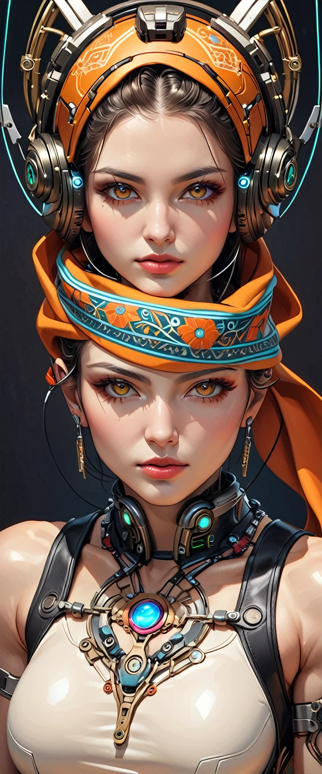 (masterpiece:1.2,Highest quality,Ultra-high resolution,Super detailed),(Best illustrations),8k,wallpaper,(Written boundary depth),(Sophisticated lighting:1.2),BREAK(1 female),(turkish woman:1.6),(Wearing a scarf on her head:1.6),(front:1.6),(The background is a colorful and beautiful arabesque pattern.) full body, full length ,Electronic Systems On-Head Humanoids |Cyborg Woman| With a detailed brain that you can see| With a delicate heart that can be seen| Muscle Detail Wire | Realistic Skin| Biopunk| Cybernetics | Cyberpunk | Canon M50| 100mm| Sharp Focus | Gently| Hyperrealism | Very detailed| Intricate Details | Vascular Expression | Telegraph, (( full body)), (( full-length))