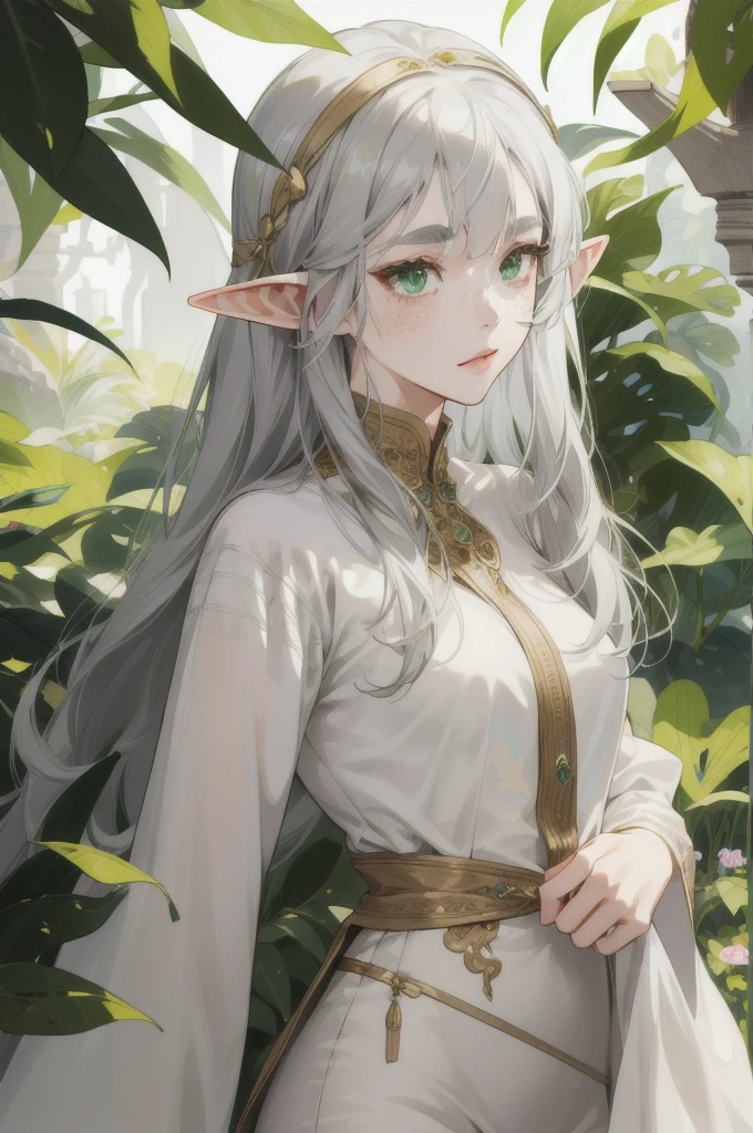 (Absurd, High resolution, Super detailed), (One girl:1.3), whole body、Gray Hair,Long Hair, Bangs on eyebrows、Elf、freckles、Droopy eyes、Gold Accessories、Green Eyes、Goddess-style white outfit、Fantasy