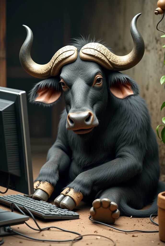 Thai buffalo sitting and playing on the computer