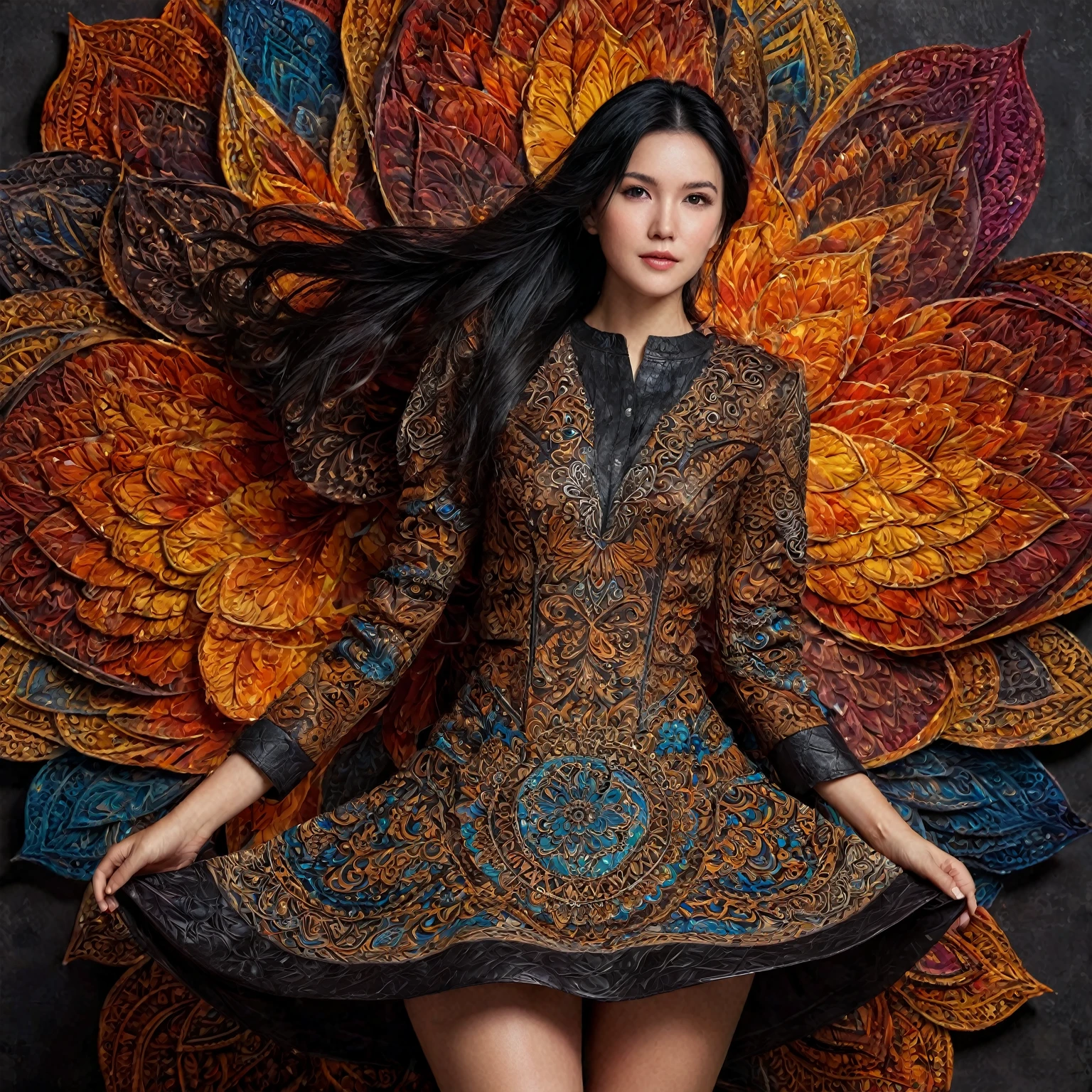 1girl, stunning 27 years old, official art, 8k wallpaper, full length, ultra detailed, beautiful and aesthetic, black hair, brown eyes, leather bust, skirt, A slight smile, masterpiece, best quality, realistic, extremely detailed, dynamic angle, (zentangle, mandala, tangle, tangle), the most beautiful form of chaos, elegant, brutalist design, vivid colors, romanticism, plasma flame