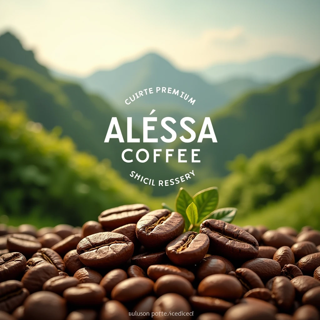 Create some roasted coffee beans and also ripe coffee beans surrounded by green mountains and in the middle it says: ALESSA COFFEE, Café Premium 100% Jinotegano with a pleasant aroma and exquisite flavor