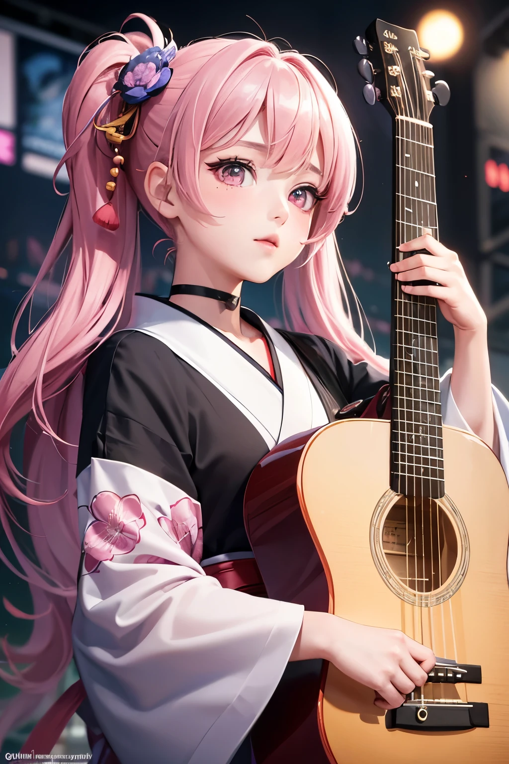 masterpiece, best quality, very detailed, high resolution, expensive resolution, high resolution, 4K, 8k, Unity 8k wallpaper, highly detailed CG, masterpiece, 2D, 3D, beautiful details, depth, fine texture, best quality: 1.3, perfect focus, crispy skin, he,
Very cute anime girl, girl playing guitar vocals in a band wearing a Japanese fancy floral haori hakama, on outdoor stage, full body, expensive pink twin tail hair, mole under eye, looking at the viewer, expensive, blush, mole, lips open, , heart choker, pink eyes, guitar vocals, stage