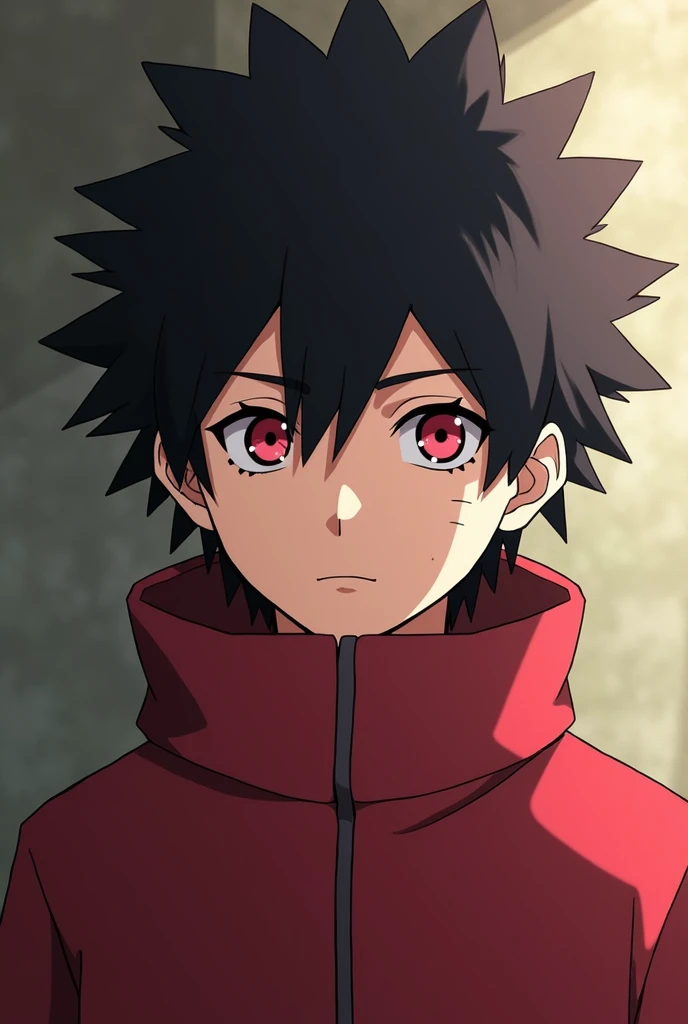 A boy around 17, with black curly hair, with sharingan in the naruto universe
