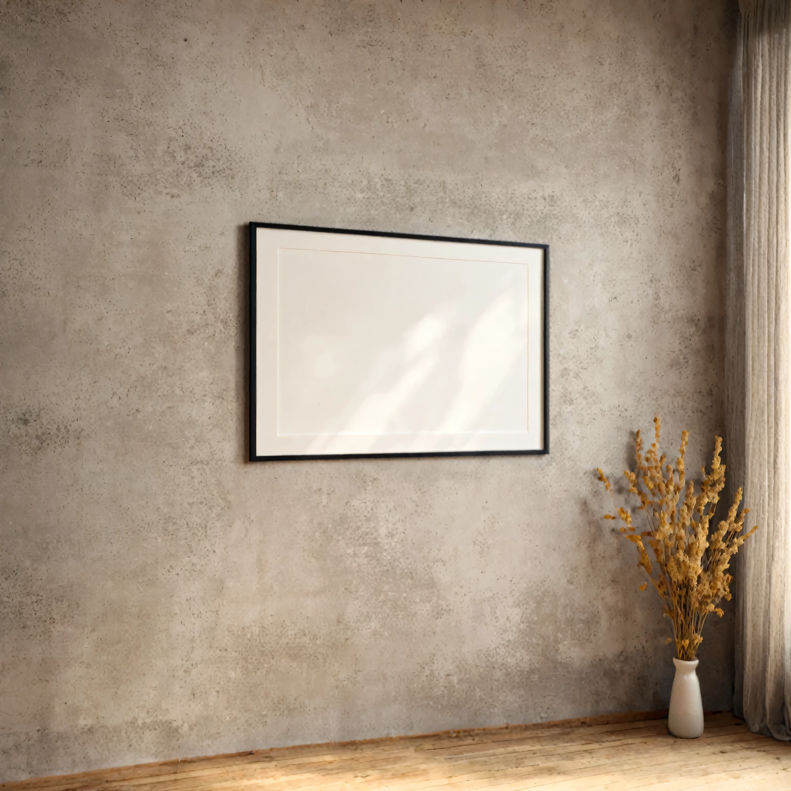 empty white picture in black picture frame on the wall of rustic interior, sunny day, dried flowers, wooden floor