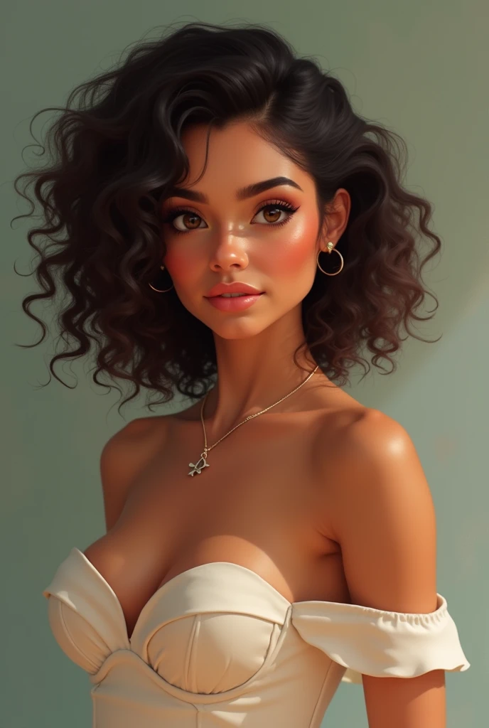 A beautiful Brazilian woman with a dress without a neckline, black curly hair, white skin, brown eyes, Christian Pixar style