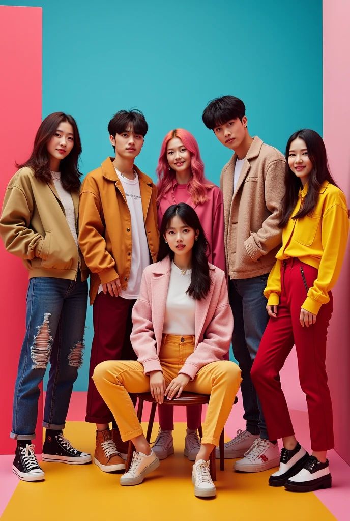 Jungkook, jimin, jin, Yoongi, J-hope, Namjoon, Taehyung, Hanni Pham (new jeans), Wonyoung (IVE) e a Jo Yuri em uma foto, como se fossem um grupo de kpop. 