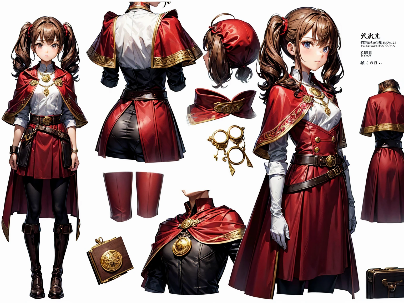 ((masterpiece)),(((best quality))),(character design sheet, same character, front, side, back), illustration, environment change scene, (simple background, white background: 1.3), (fullBody), character turnaround, Front view, Side view, Back view class, multiple views,
Female,
Apparel: Dwarf, Flat chest, curly hair,Twin tails, cute,
Aesthetic: (School,),
Outfit: white shirt, Back shorts, brown boots, half gloves, red coat cape, belt,
Accessories: Moon necklace, Round spectacle,
Object: Spell book,