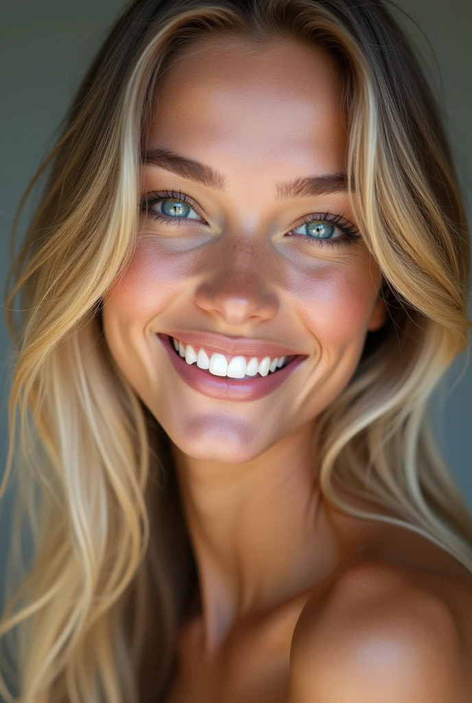 I want to create a beautiful woman&#39;s face, with the following characteristics:
blonde, long natural hair. Brazilian with Scandinavian descent. She is 23 years old Blue eyes, perfect smile, offwhite. Small, slightly upturned nose. Your face doesn&#39;t have very strong features, soft jaw. naturally beautiful, to the point of causing envy in those who do facial harmonization Blonde eyebrows. Your expressions should always convey the image of a happy and seductive woman., and much loved by all who encounter them
