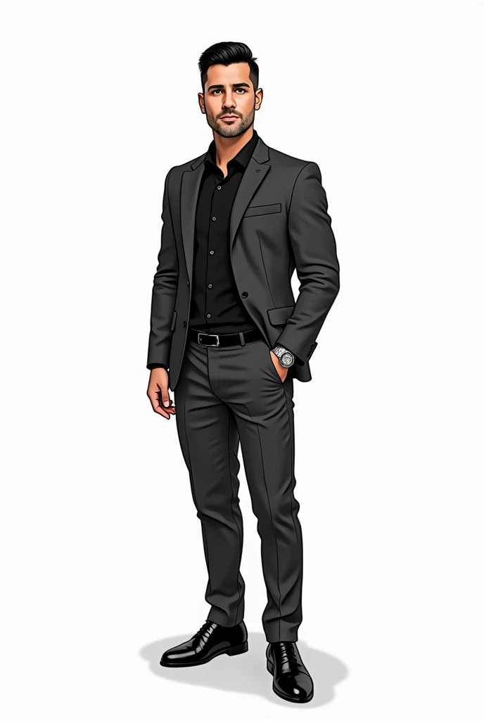 doodle, black and white, only outlines, tall man, athletic build, tanned skin, short black hair, sharp jawline, dark brown eyes, slight stubble, wearing a dark gray suit jacket, black dress shirt, no tie, fitted black trousers, polished black leather shoes, silver wristwatch, confident stance, hands in pockets, serious expression, looking directly at the camera, ccurate, no background, black and white, only outlines, pov, atmospheric perspective, 8k, super detail, best quality