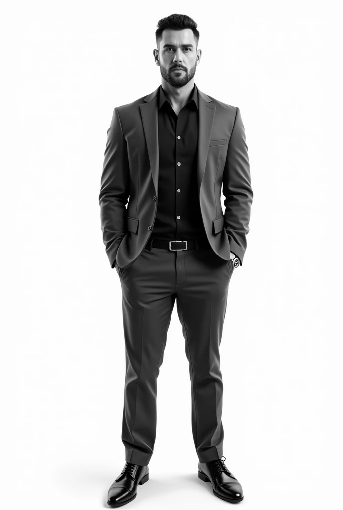 doodle, black and white, only outlines, tall man, athletic build, tanned skin, short black hair, sharp jawline, dark brown eyes, slight stubble, wearing a dark gray suit jacket, black dress shirt, no tie, fitted black trousers, polished black leather shoes, silver wristwatch, confident stance, hands in pockets, serious expression, looking directly at the camera, ccurate, no background, black and white, only outlines, pov, atmospheric perspective, 8k, super detail, best quality