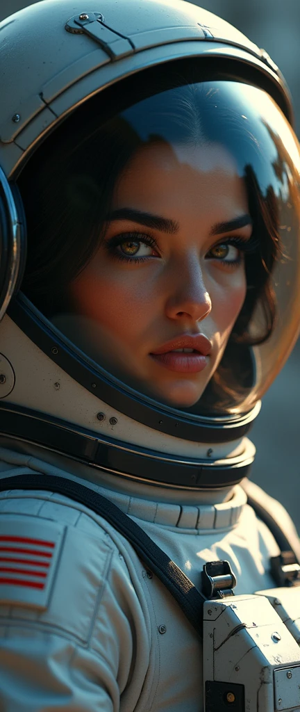 beautiful detailed eyes, beautiful detailed lips, extremely detailed eyes and face, long eyelashes, 1 woman, Arabian Moroccan woman, height 170 cm, weight 70 kg, medium body size, standing, NASA space suit, photorealistic, in other planet, advanced technology, futuristic environment, dramatic lighting, vivid colors, cinematic composition, intricate details, masterpiece, dark, full body view