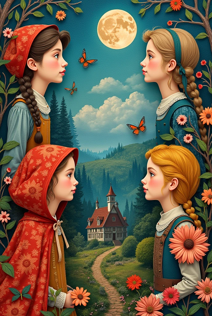 Create a vibrant and detailed collage that reflects the richness of characters from the Brothers Grimm fairy tales. The image should include artistic representations of iconic characters such as Little Red Riding Hood, Snow White, Hansel and Gretel, and Rapunzel. Combine illustrations inspired by theatrical art and classic art with elements of crafts, such as paper cutouts, varied textures, and three-dimensional elements that reflect the stories. The collage should capture the essence of each character and their world, integrating vivid colors and artistic techniques to bring the magic and charm of the tales to life."