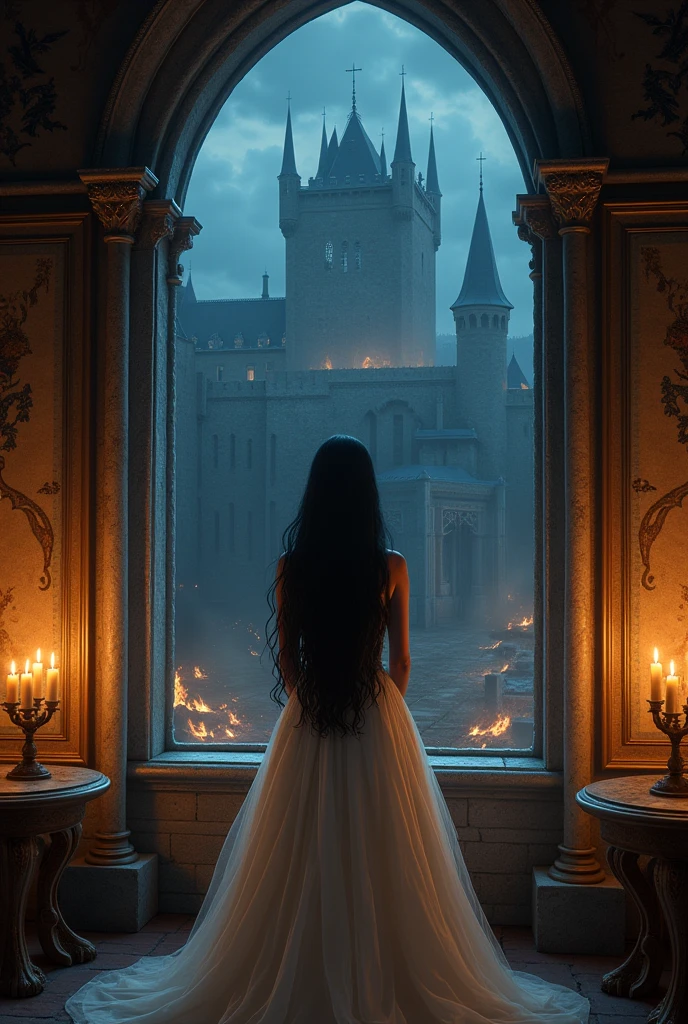 medieval room, princess in white dress and black hair, looking out the window at night at the castle being attacked