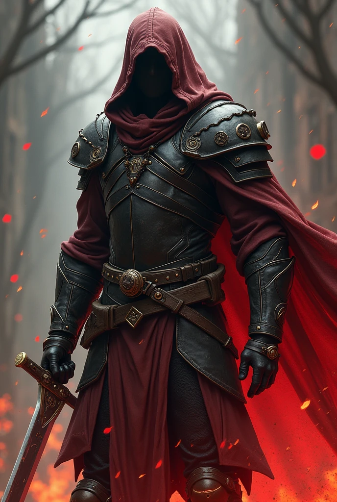 Medium height rogue wearing leather armor with a demonic aura and a cursed sword