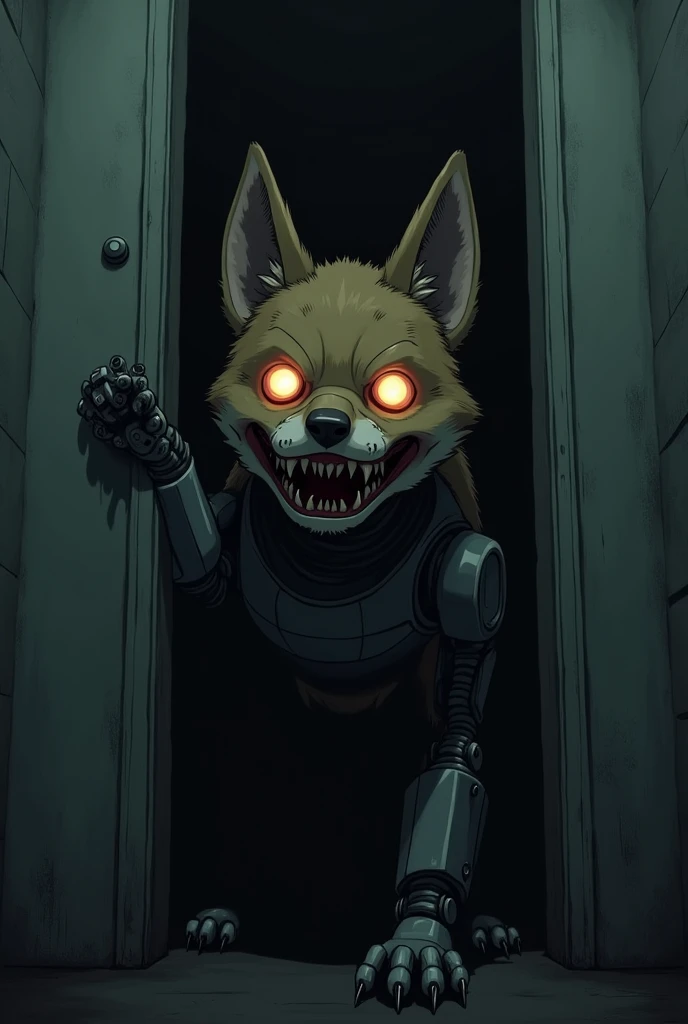 Create an image, of an animatronic in the form of an anthropomorphic dog spying behind the slightly open door. the image must be dark, frightening and causing discomfort. In the image, only the animatronic's eyes can be seen shining in the darkness and his macabre smile.. It must be an anime version image. This animatronic must have a robotic appearance.. The dog must be brown.