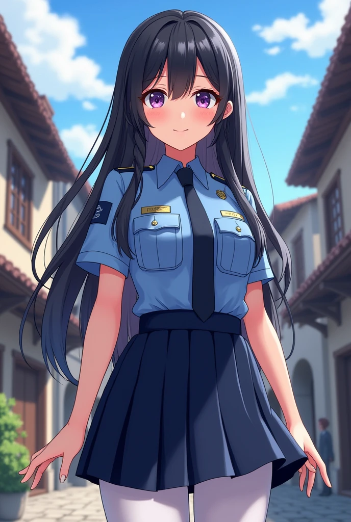 (Masterpiece, Top Quality, Highly Detailed, 16K Anime High Resolution, Anime Style, Clean Brush Strokes, Highly Detailed, Anatomically Perfect Body, Beautiful Character Design), 1 Girl, 20 Years Old Young Woman, ( perfect face, very detailed), (black hair, long hair, ribbon, braid), beautifully detailed eyes, purple eyes, beautiful nose, smile, table top, (big breasts: 0.8), (beautiful body, upper_ Body), (Female police officer, blue police uniform, short sleeves, shirt), (Beautiful Finger), Smooth body line, Wide waist: 0.2, Big butt: 0.3, (Navy office skirt), Beautiful long legs, (SEXY pose), wearing white pants, looking at the viewer, (medieval city background), (frontal photo, shot from below),