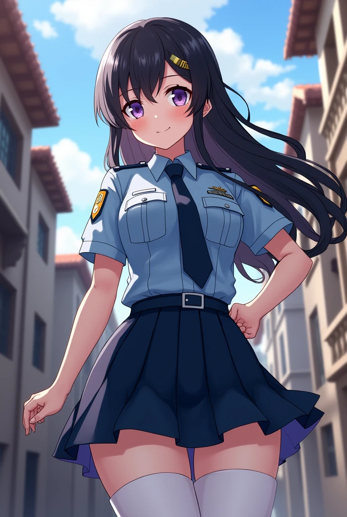 (Masterpiece, Top Quality, Highly Detailed, 16K Anime High Resolution, Anime Style, Clean Brush Strokes, Highly Detailed, Anatomically Perfect Body, Beautiful Character Design), 1 Girl, 20 Years Old Young Woman, ( perfect face, very detailed), (black hair, long hair, ribbon, braid), beautifully detailed eyes, purple eyes, beautiful nose, smile, table top, (big breasts: 0.8), (beautiful body, upper_ Body), (Female police officer, blue police uniform, short sleeves, shirt), (Beautiful Finger), Smooth body line, Wide waist: 0.2, Big butt: 0.3, (Navy office skirt), Beautiful long legs, (SEXY pose), wearing white pants, looking at the viewer, (medieval city background), (frontal photo, shot from below),