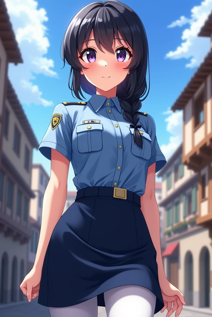 (Masterpiece, Top Quality, Highly Detailed, 16K Anime High Resolution, Anime Style, Clean Brush Strokes, Highly Detailed, Anatomically Perfect Body, Beautiful Character Design), 1 Girl, 20 Years Old Young Woman, ( perfect face, very detailed), (black hair, long hair, ribbon, braid), beautifully detailed eyes, purple eyes, beautiful nose, smile, table top, (big breasts: 0.8), (beautiful body, upper_ Body), (Female police officer, blue police uniform, short sleeves, shirt), (Beautiful Finger), Smooth body line, Wide waist: 0.2, Big butt: 0.3, (Navy office skirt), Beautiful long legs, (SEXY pose), wearing white pants, looking at the viewer, (medieval city background), (frontal photo, shot from below),
