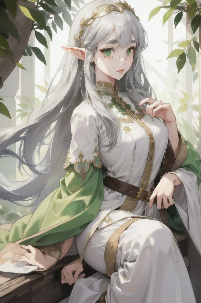 (Absurd, High resolution, Super detailed), (One girl:1.3), whole body、Gray Hair,Long Hair, Bangs above eyebrows、Elf、freckles、Droopy eyes、Gold Accessories、Green Eyes、Goddess-style white outfit、A fantasy perspective,