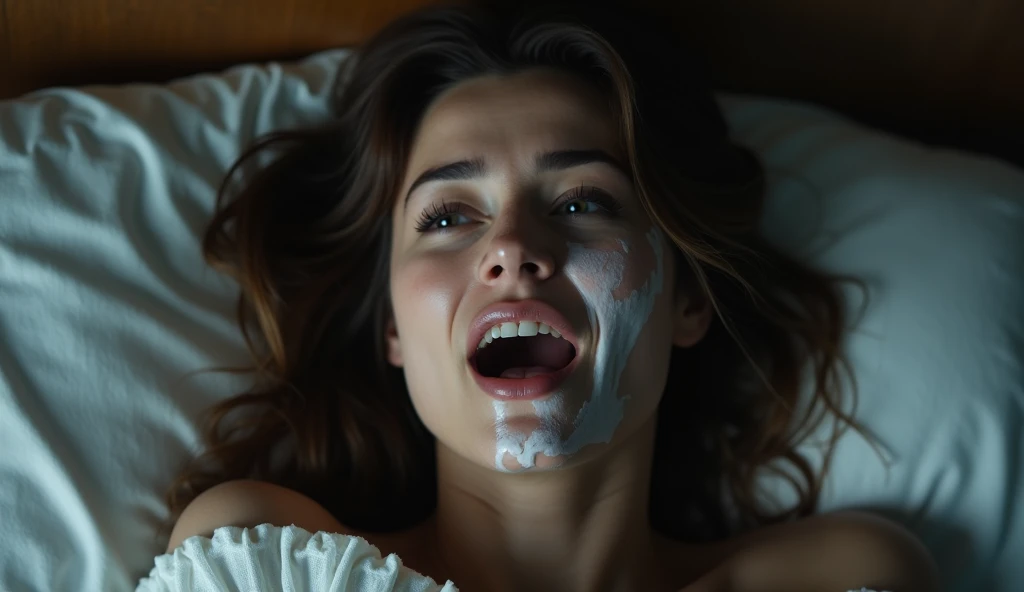 woman with her mouth open screaming, lying on a bed. Your face is illuminated by soft, intimate lighting, revealing an expression of satisfaction and happiness. 4K resolution captures every detail, from the texture of the dress's fabric to the delicate play of shadows and light on her skin, portrait.There was a white cloudy liquid staining her face and lips.