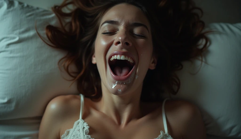 woman with her mouth open screaming, lying on a bed. Your face is illuminated by soft, intimate lighting, revealing an expression of satisfaction and happiness. 4K resolution captures every detail, from the texture of the dress's fabric to the delicate play of shadows and light on her skin, portrait.There was a white cloudy liquid staining her face and lips.