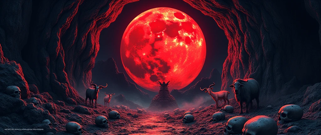 flyer for metal event Scary cave with skulls on the floor, goats and with a red moon and on the wall is the phrase Blood Moon Fest